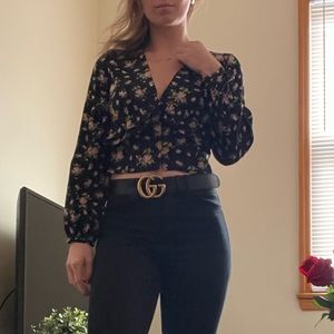 ZARA WOMEN'S PRINT CROP TOP FLORAL BLACK GREEN & PINK SIZE SMALL button closure